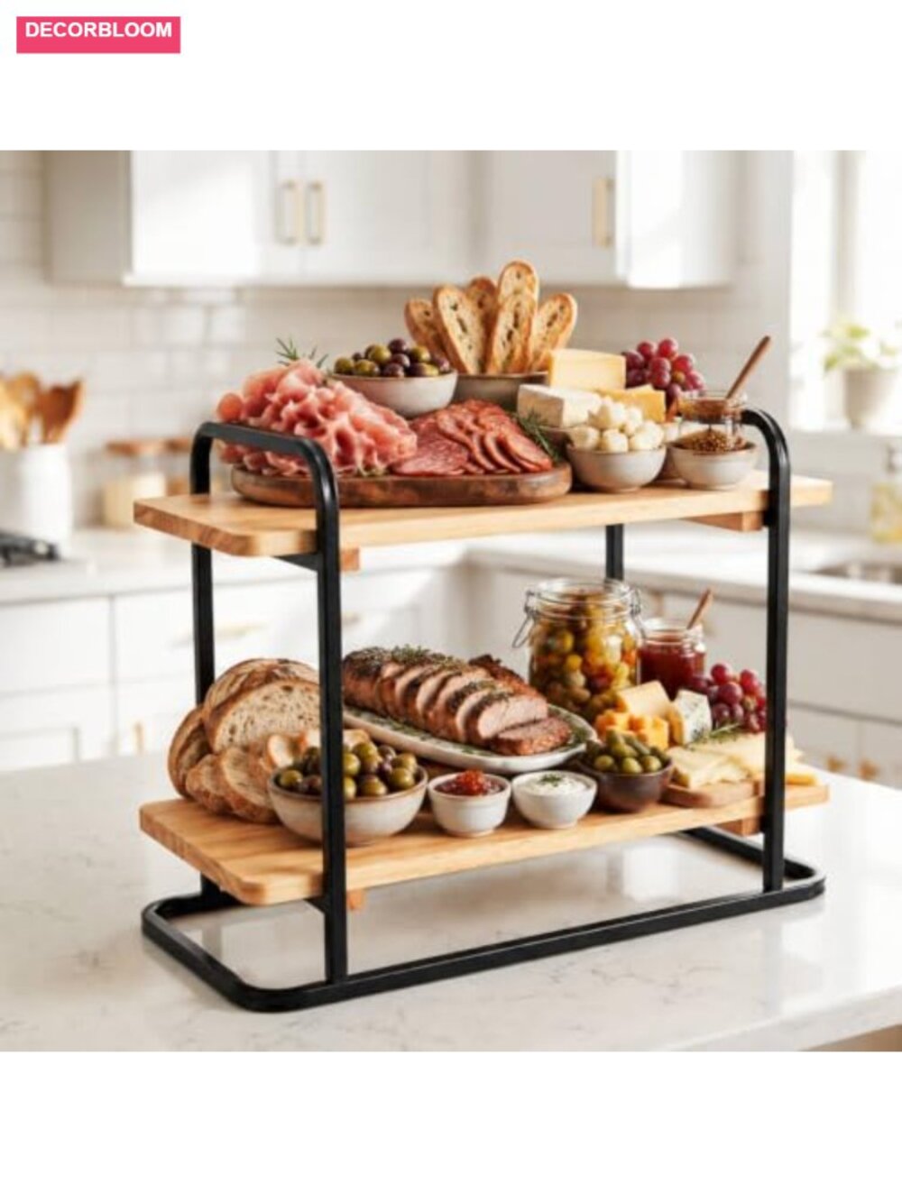2-Tier Wooden Serving Tray with Metal Frame Charcuterie Board